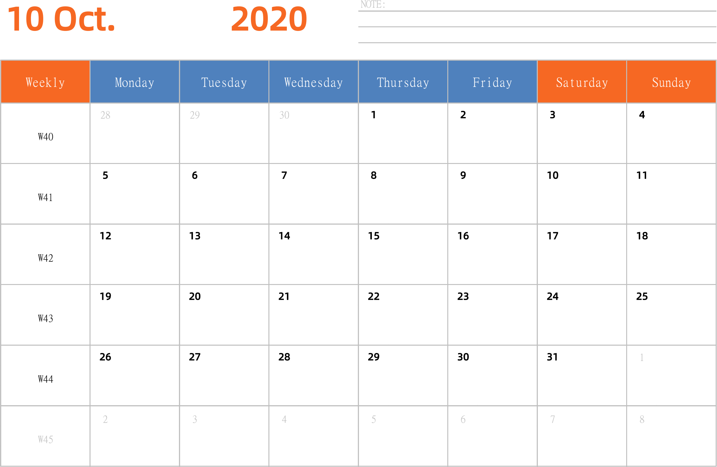 日历表2020年日历 英文版 横向排版 周一开始 带周数